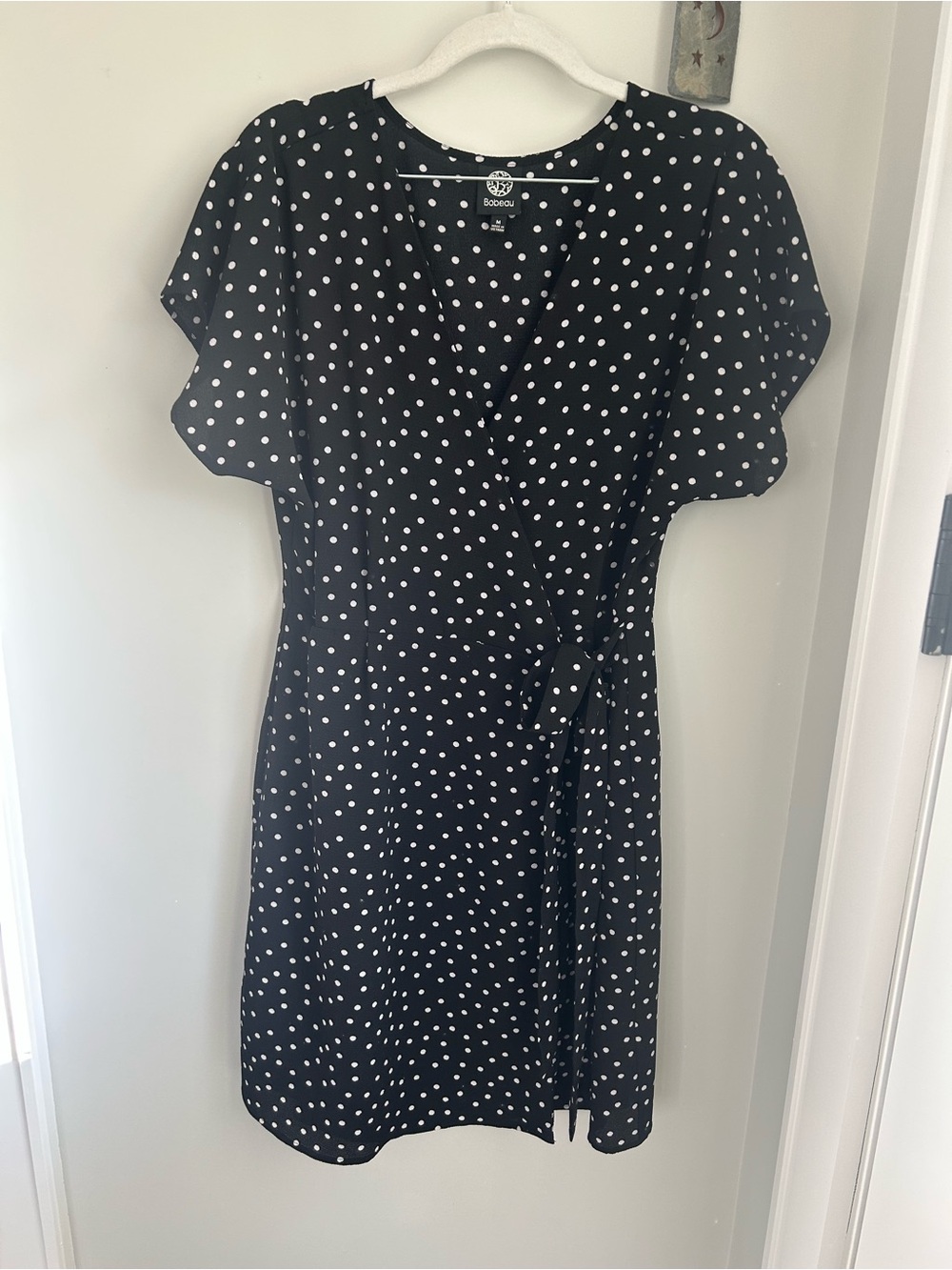 bobeau Black with White Polka Dot Wrap Mini Dress